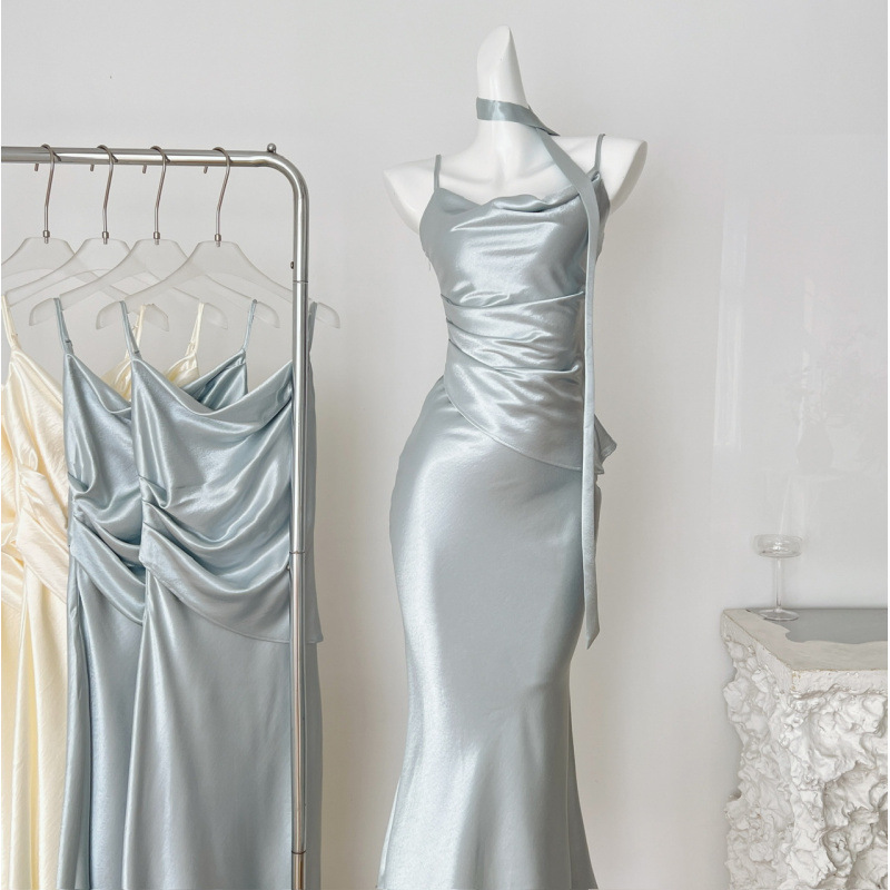 Summer New Style Swing Collar Satin Fishtail Skirt for Women French Socialite Style Lace-Up Suspender Dress