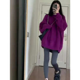 火龙果色毛衣女宽松中长款软糯系慵懒风秋冬加厚上衣