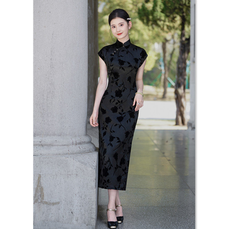 Fashionable long black summer retro cheongsam sleevless