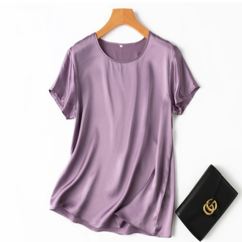 Feng Jianchi Silk Women's T-Shirt Basic Versatile Round Neck Mulberry Silk Short-Sleeve Top Simple and Elegant Women's T-Shirt Breathable