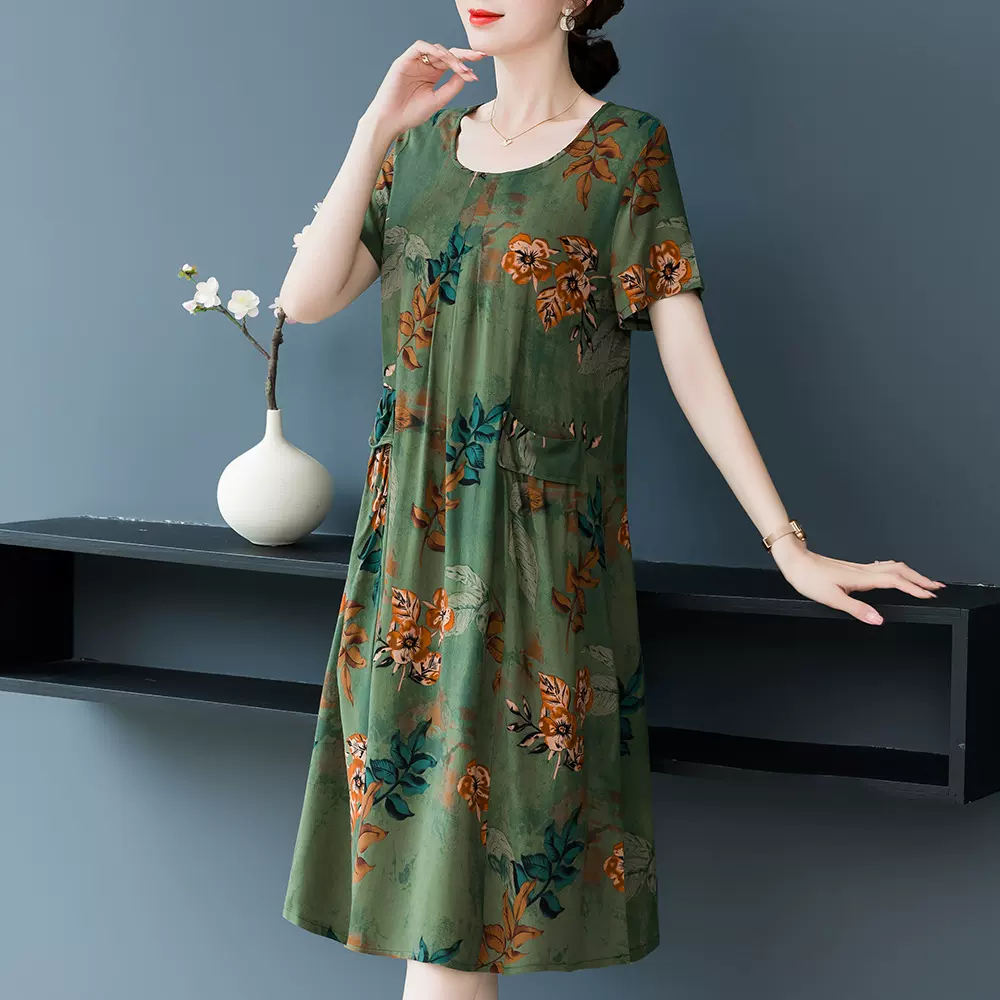 2025新款纯棉绸连衣裙时尚妈妈中老年女装大码外穿人造棉裙子高贵