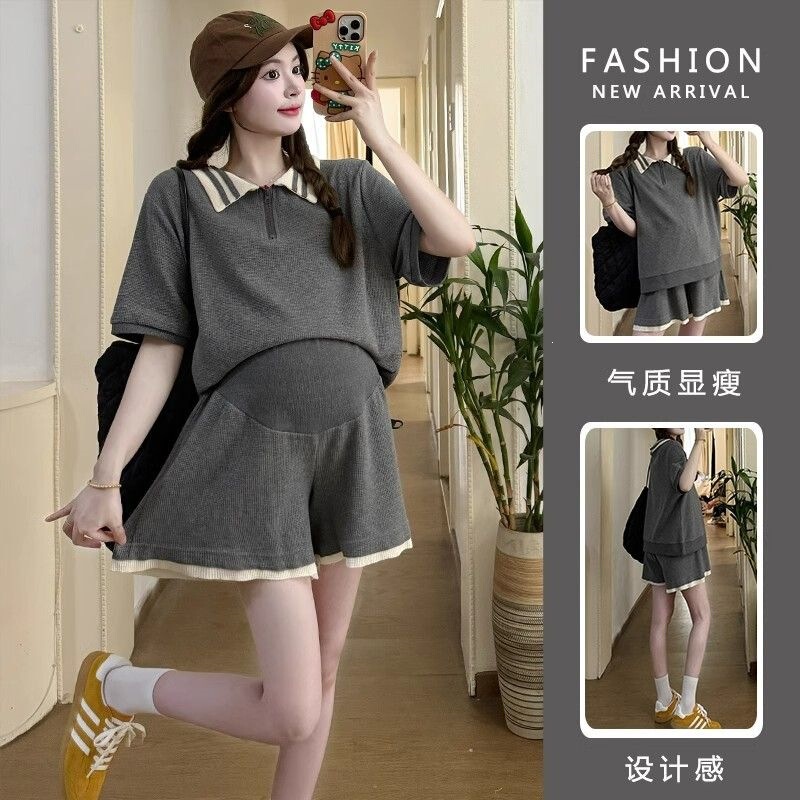 Maternity Summer Short-Sleeve Outfit, Stylish and Trendy, Summer Thin Plus-Size Top with Belly Support and Shorts Two-Piece Set Maternity Summer Short-Sleeve Outfit, Stylish and Trendy, Summer Thin Plus-Size Top with Belly Support and Shorts Two-Piece Set