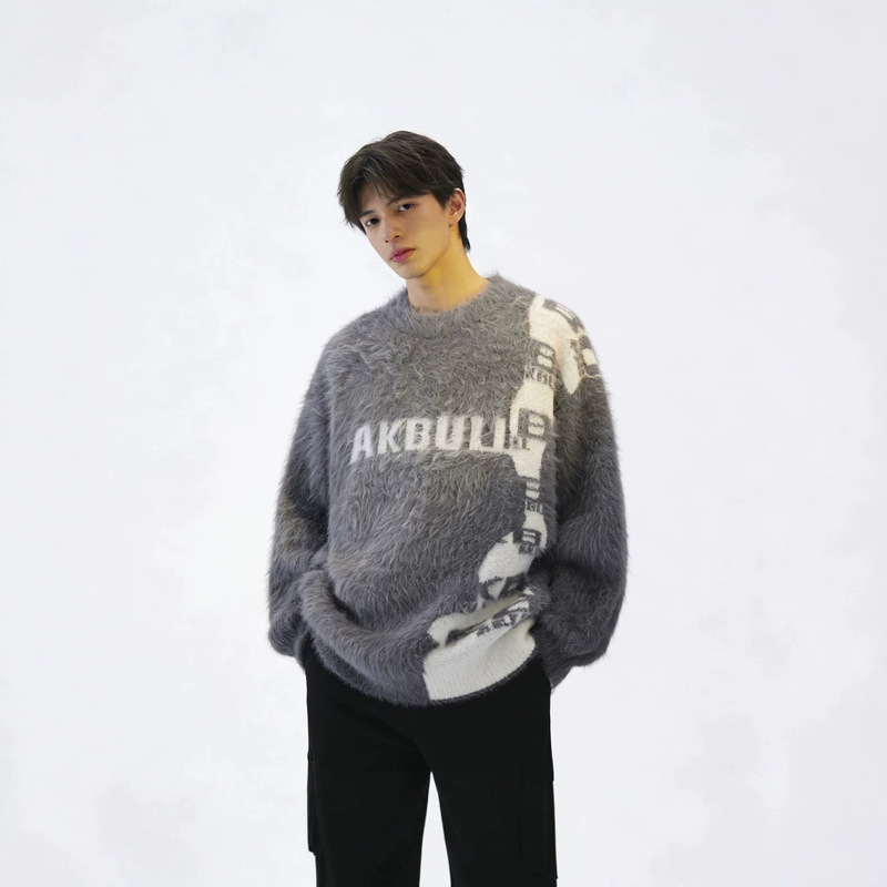 Soft and cozy mohair crew neck sweater for men, winter trendy brand letter jacquard knitwear, casual and warm inner layer top Soft and cozy mohair crew neck sweater for men, winter trendy brand letter jacquard knitwear, casual and warm inner layer top