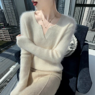 欧货秋冬圆V领套头毛衣女慵懒风宽松显瘦纯色长袖针织打底衫上衣