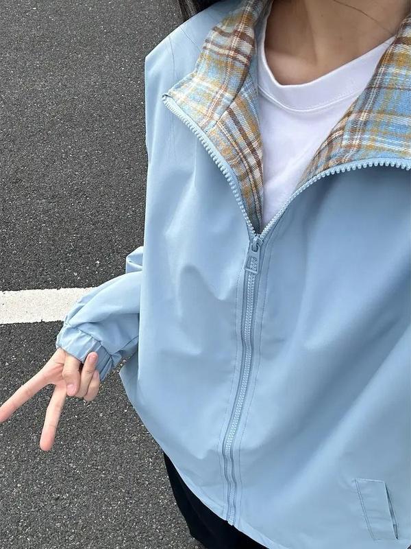 跨境男士格子双面秋季夹克新款百搭潮牌美式立领外套宽松休闲情侣|undefined