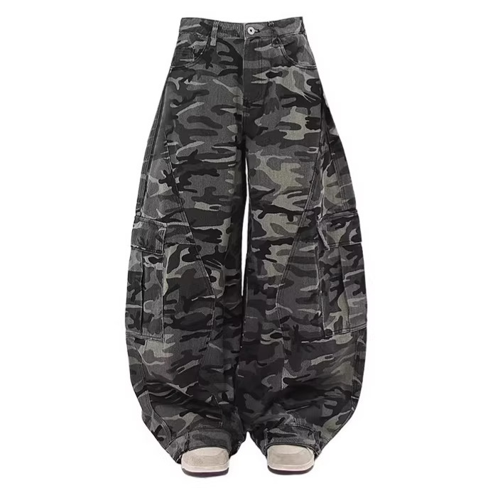 American Retro Scimitar Camouflage Jeans for Men and Women, High Street Loose Wide-Leg Casual Sickle Work Pants, Banana Pants