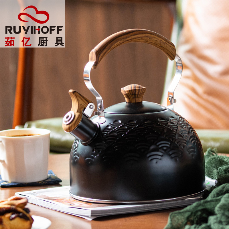 Original de estilo europeo Xiangyun patrón de acero inoxidable hervidor de agua 2.5L negro canto olla transfronteriza silbato creativo hervidor de agua image 3
