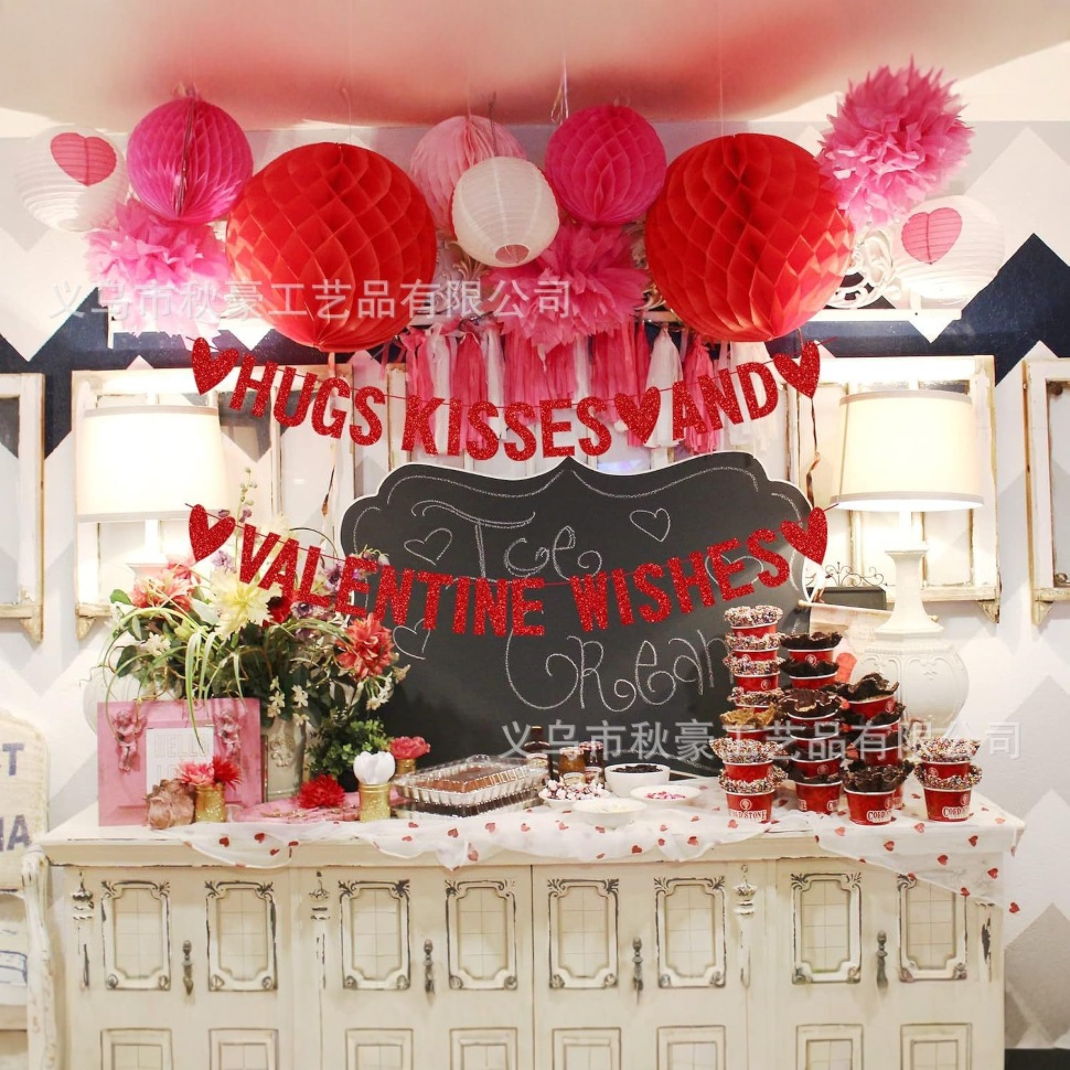 Feliz Día de San Valentín tira de banderas abrazar besos y bendiciones del Día de San Valentín tira de flores polvo decoración de fiesta