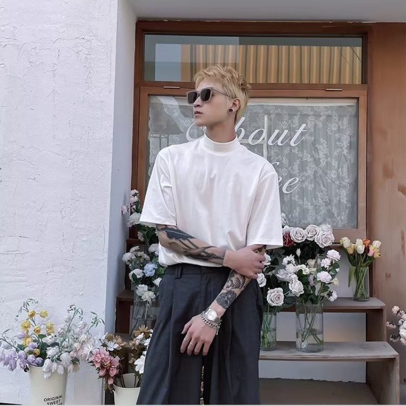 기본 셔츠 작은 반 높은 칼라 짧은 소매 남성용 아이스 실크 여름 Ins 트렌디 한 긴 소매 퓨어 코튼 화이트 하프 슬리브 미들 칼라 티셔츠