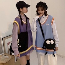 时尚套装女春秋季宽松针织毛衣马甲+学院风中长款衬衫潮套装/单件