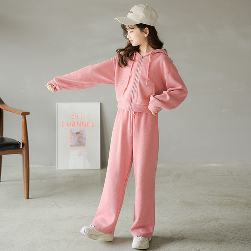 儿童运动套装春装休闲连帽俩件套中大女童卫衣阔腿长裤套装亲子装