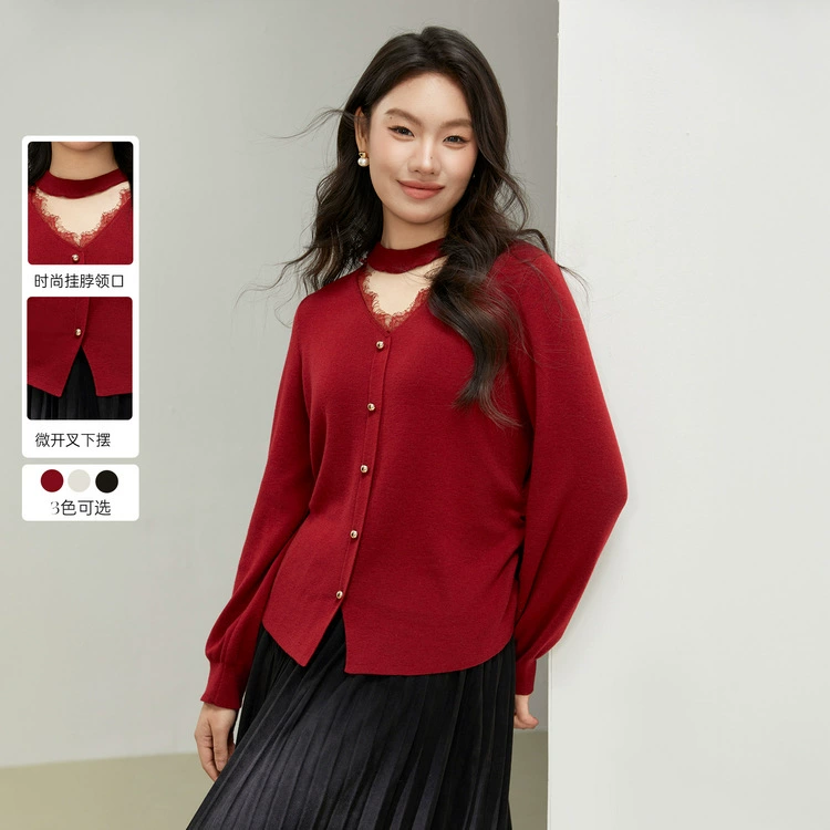 [Легкий ветер с кружевным воротником с тонким трикотажным свитером] Funny Show большой размер женский толстый mm2025 весенний костюм новый