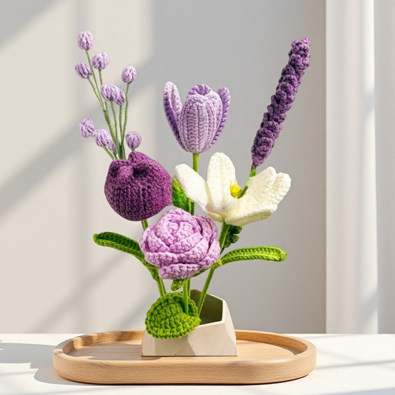 Cross-Border Handmade Bouquet Set Tulip Lavender Rose Crochet Wool Artificial Flower Home Decoration