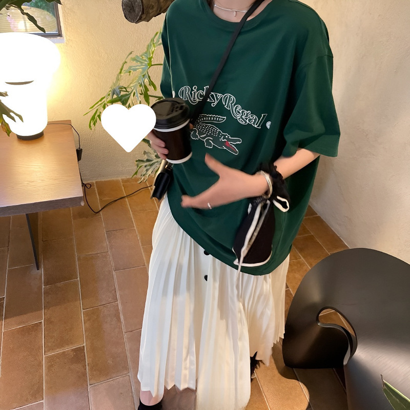 American Retro Crocodile T-Shirt Loose Slimming Printed Short-Sleeve T-Shirt for Women Trendy Casual Base Top