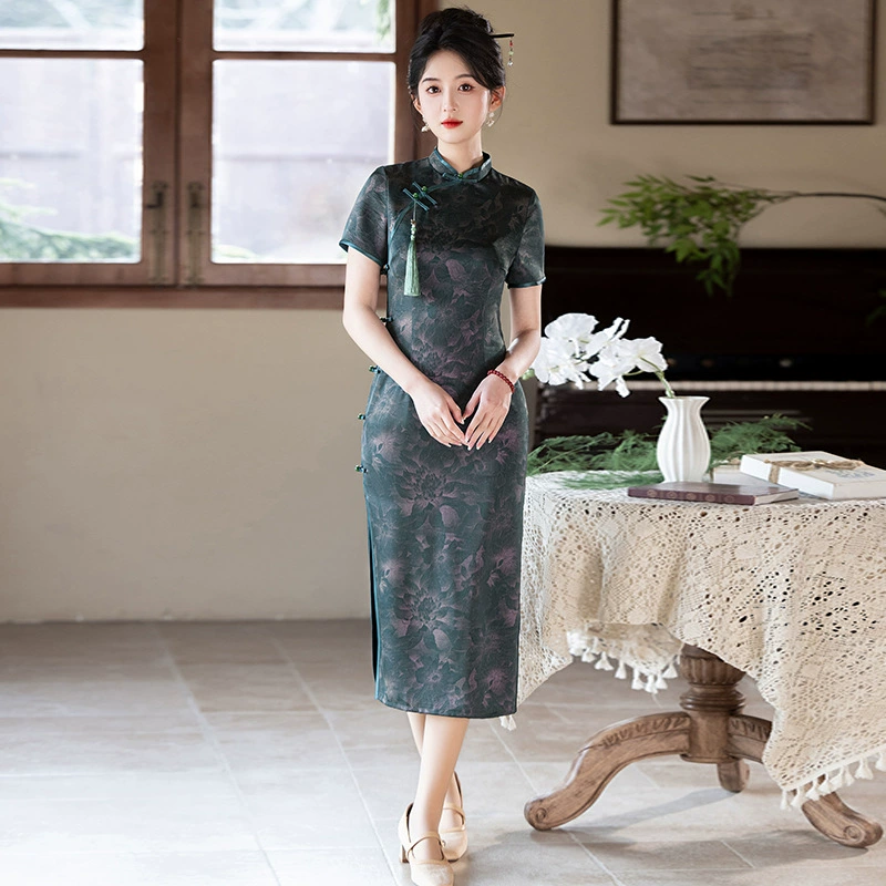 2025 весна и лето новый китайский стиль уксусная кислота печать длинная девушка стройный воротник ретро чонсам юбка двойной слой