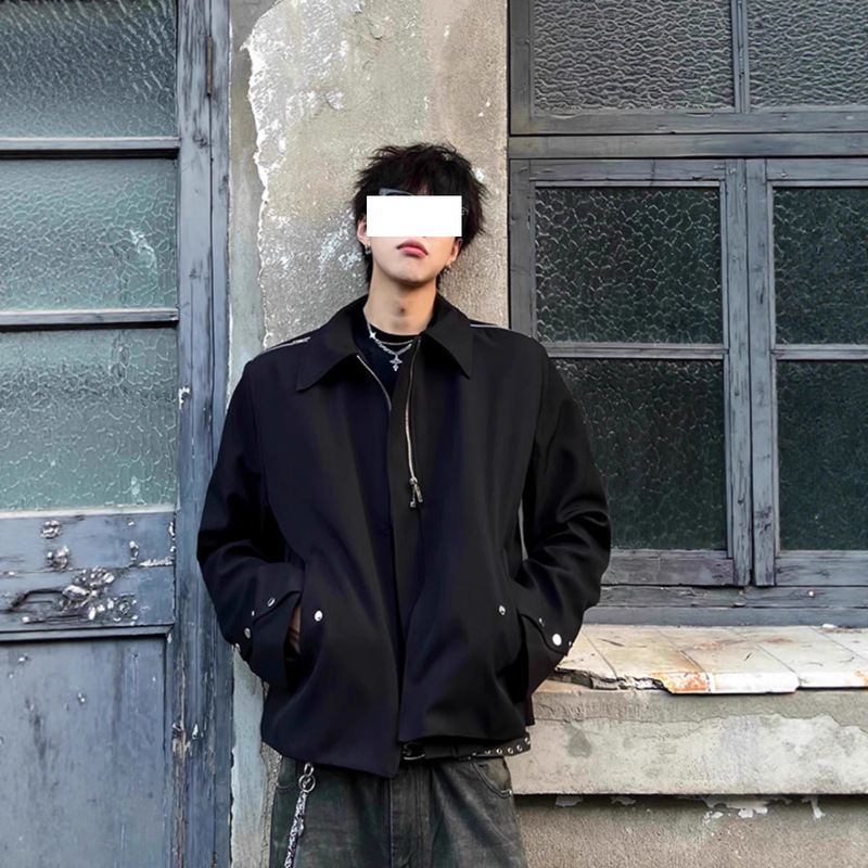 高级感垫肩短款夹克男美式小众高街潮牌机车痞帅翻领正肩设计外套|undefined