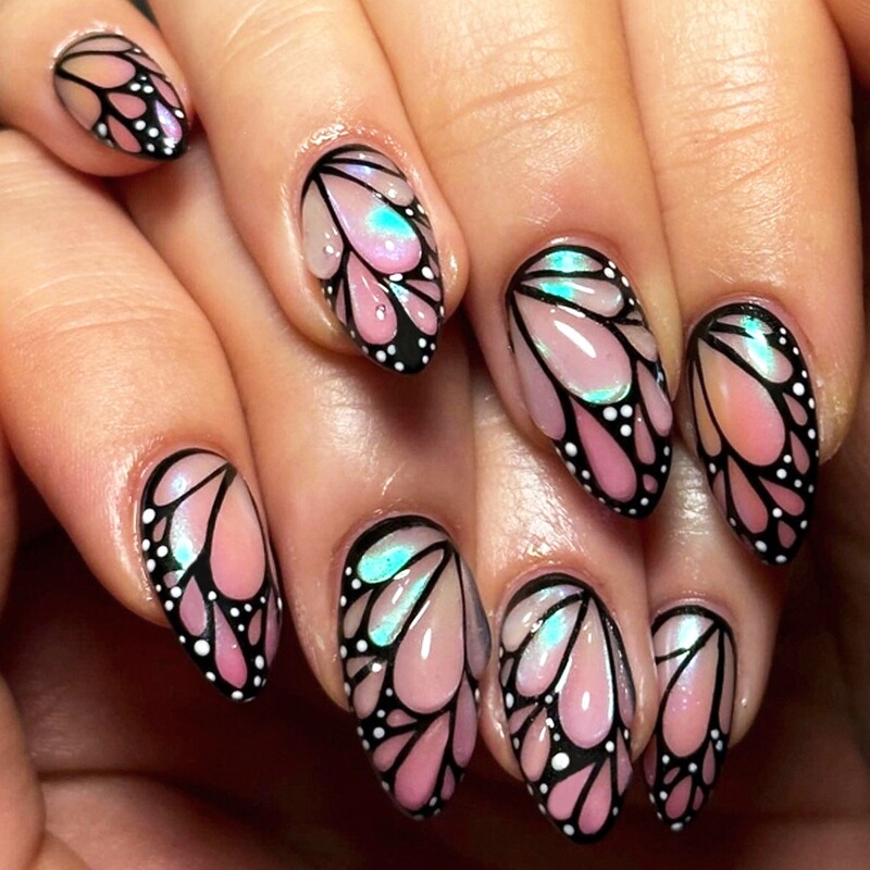 European and American 3D Colorful Butterfly Nail Art, Dreamy and Eye-Catching Almond-Shaped Press-On Nails, 24-Piece Set of Fake Nail Tips