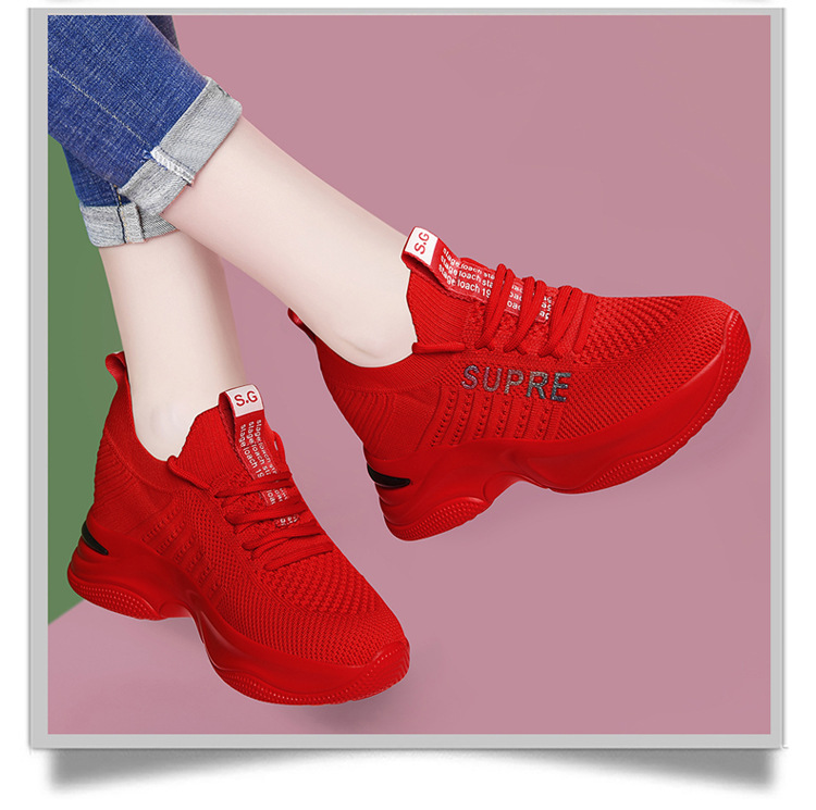 Giày sneaker nữ đế dày tăng chiều cao thoáng khí 2025 — LJ 9113 màu đỏ, LJ 9125 đen trắng thoáng mát phong cách mùa hè, LJ 8117 màu đen, JST 10115 đen đỏ chi tiết 10