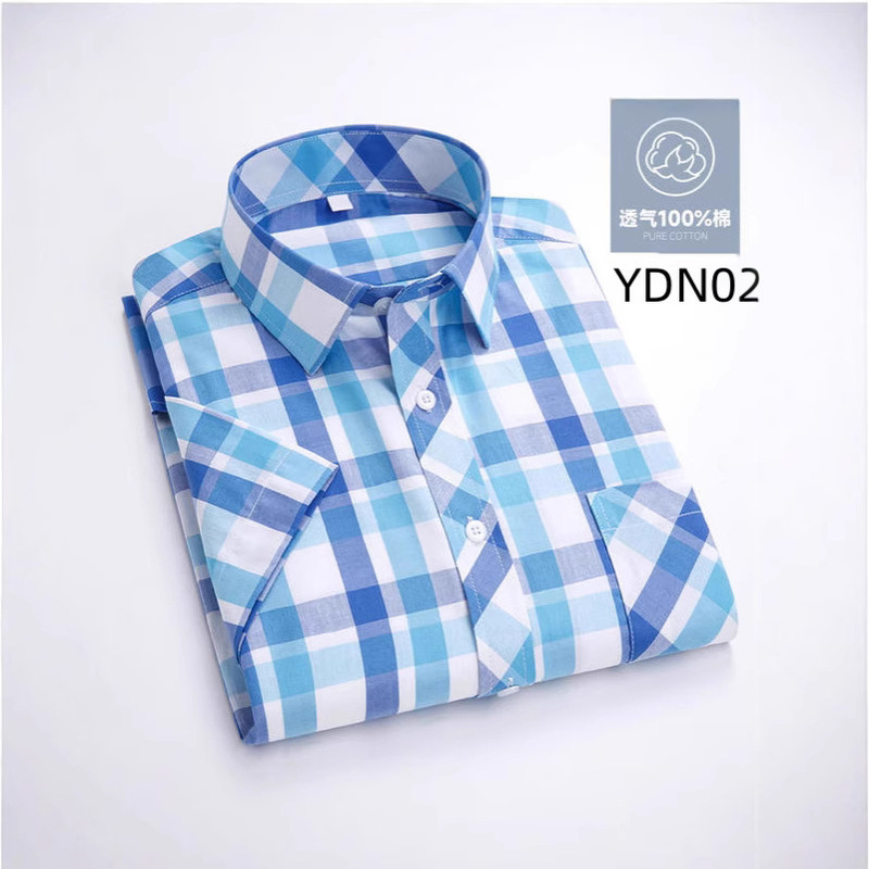2025 Summer Men's Thin Cotton Short Sleeve Shirt Fashion Casual Plaid Shirt All Cotton Plaid Short Sleeve Cross-Border