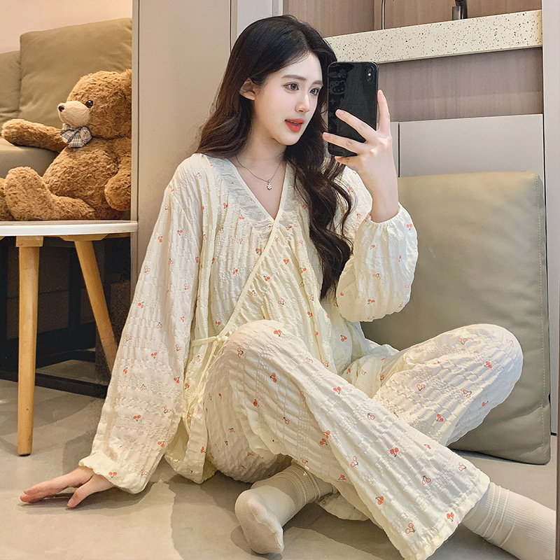 高級感雲綿月子服パジャマ女性春夏長袖産婦産後授乳家庭服セット