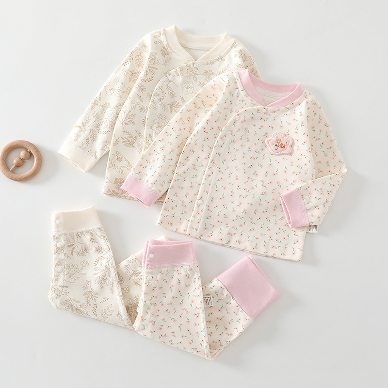 [Button on the Leg] Four Seasons Pure Cotton Baby Underwear Set Boneless Partial Button Belly Protection Baby Autumn Clothes Pajamas