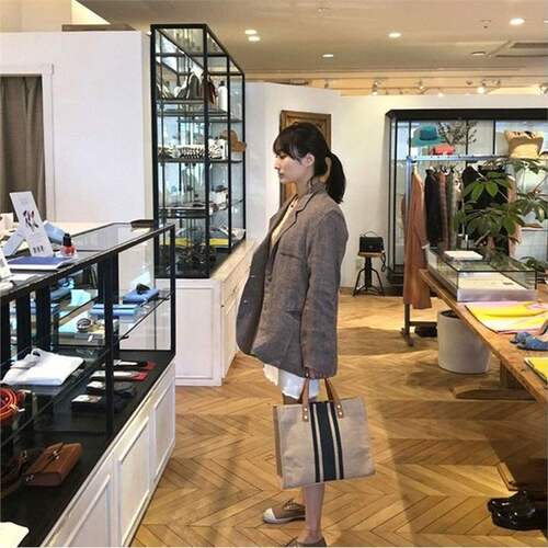 Korean Version Women's Handbag Tote Business Commuting Striped Simple Single Shoulder Large Capacity Canvas Bag