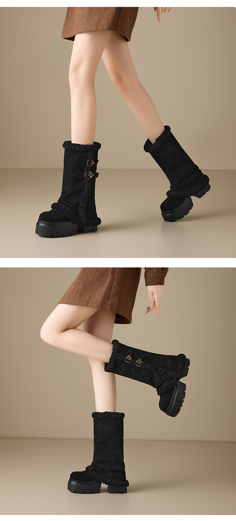 Boot nữ cổ cao ôm bắp chân, đế dày tăng chiều cao 12 cm, lót lông ấm, chất liệu cotton dày màu kaki — nhung đen chi tiết 3