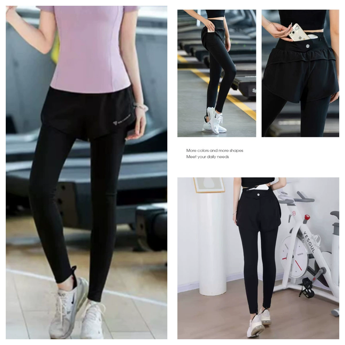 (Боковой карман заднего кармана на молнии) Поддельные две спортивные штаны для бега обтягивая женская осенняя йога фитнес-брюки