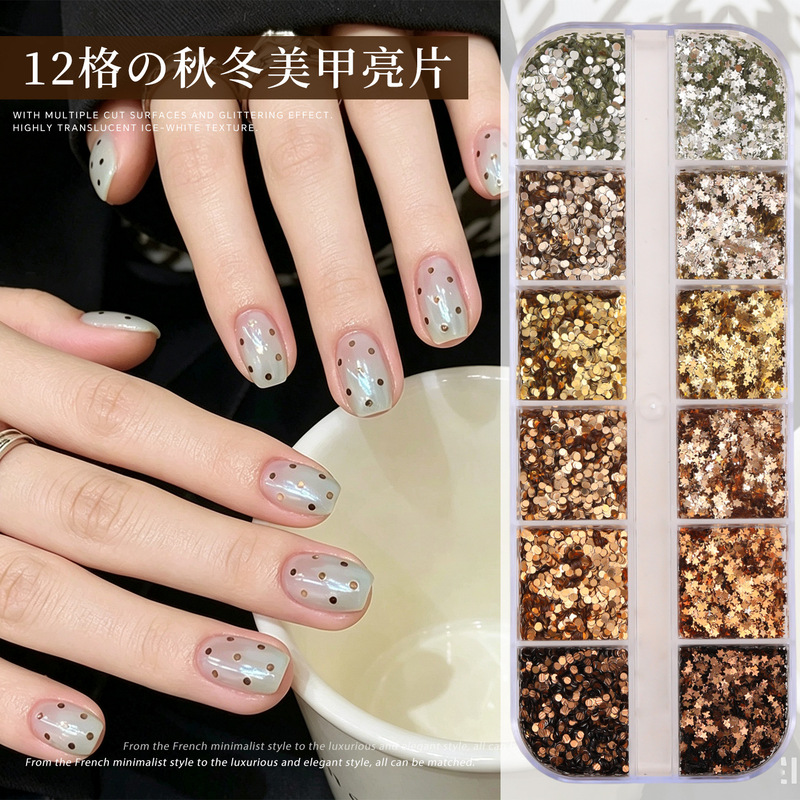 12-grid glittery autumn and winter nail art decorations, featuring Maillard-style Korean round and five-pointed star glitter for nail embellishment