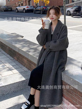 灰色气质斜纹慵懒双面手缝大衣女2024冬季新款宽松长款羊毛呢外套