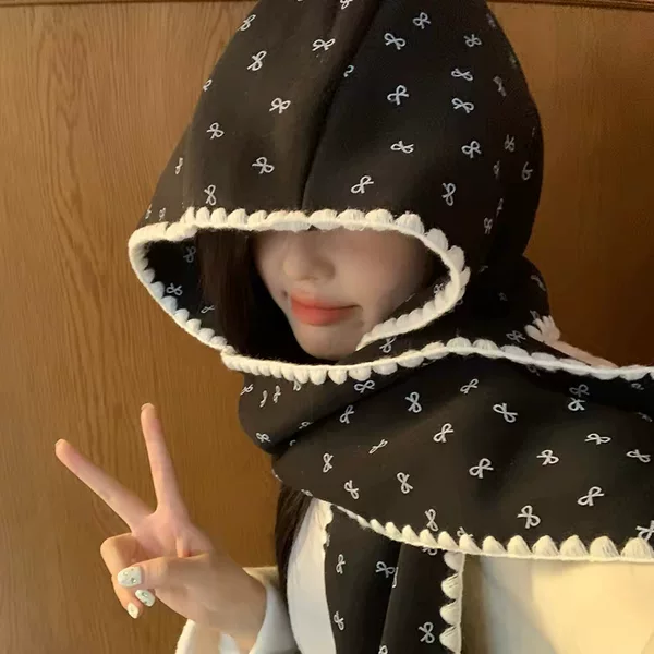 Bowknot-printed scarf and hat set for women, 2026 autumn/winter Korean style, warm neck warmer, versatile hooded scarf, trendy