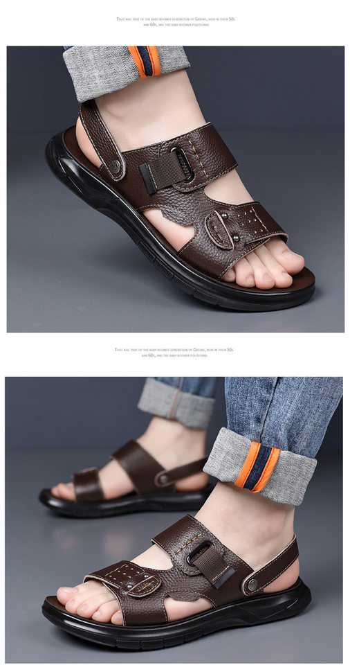 Dép sandal nam da bò lớp đầu đế dày kiểu hở ngón đi biển — Màu nâu, màu đen chi tiết 20