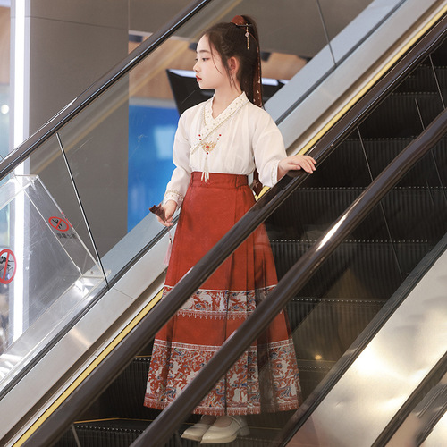 Little Girl's Mamian Skirt Spring Hanfu Set National Style 2024 New Version Ming Style Improved Tang Suit National Trend Flower Girl Dress