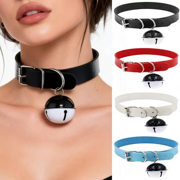 Eco-Friendly Pu Leather Simple and Unique Punk Gothic Choker Necklace Trendy Colorful Dual-Color Bell Pendant Clavicle Necklace
