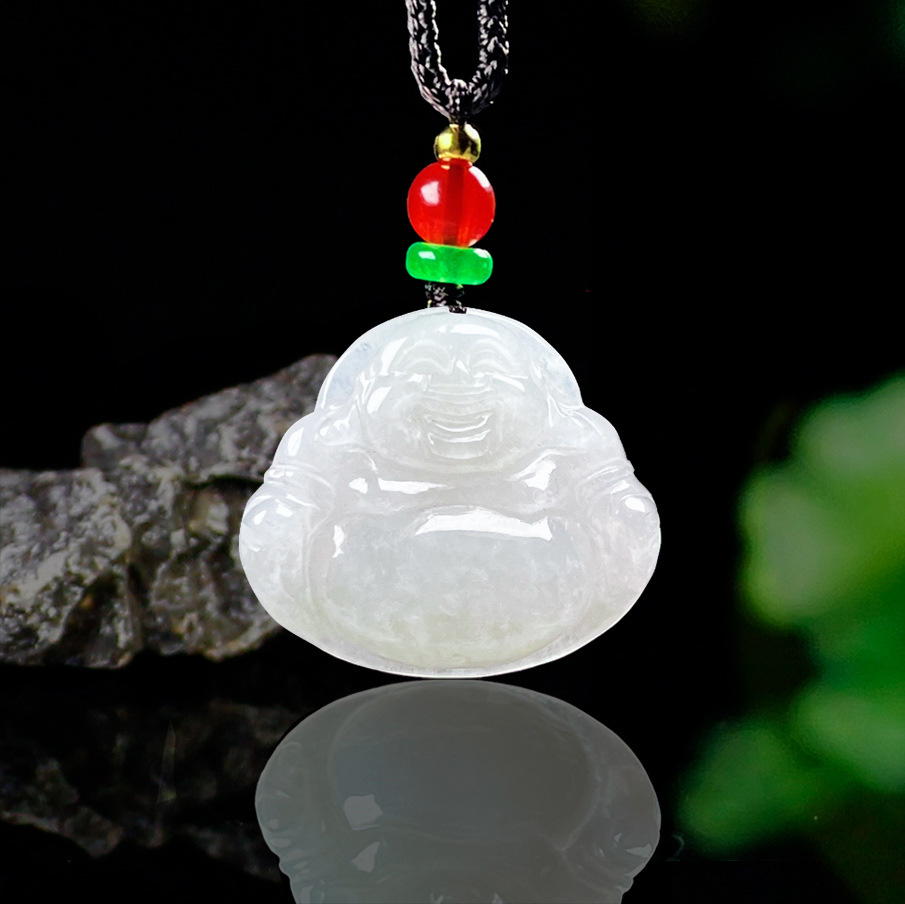 缅甸料冰底润白佛公项坠弥勒佛挂件天然A货翡翠吊坠四会珠宝批发