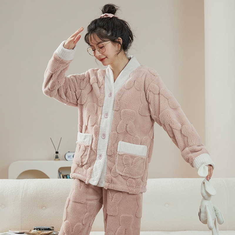토끼 자카드 산호 양털 파자마 여성 기모 두꺼운 V-NECK 아웃웨어 플란넬 커플 홈 의류 세트 남성