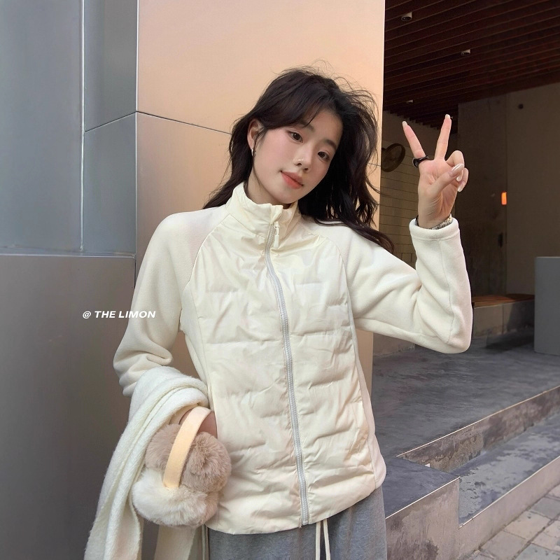 Fenna Fu Autumn and Winter New Simple Versatile Solid Color Jacket with Stand Collar, Small Waist, Fleece Warm down Coat for Women