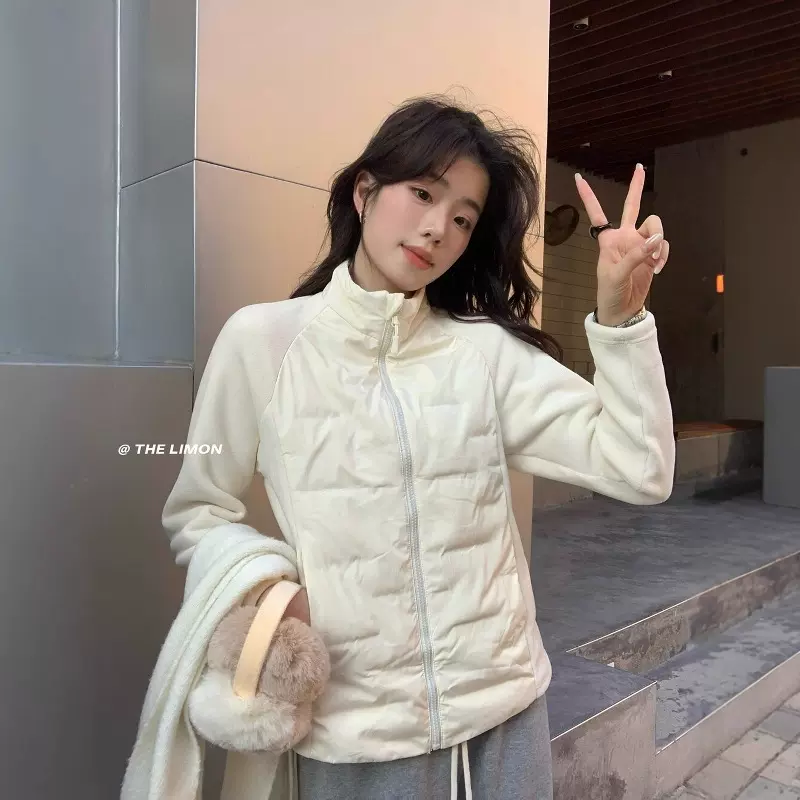 柚蜜儿秋冬新款简约百搭纯色外套立领小蛮腰摇粒绒保暖羽绒服女