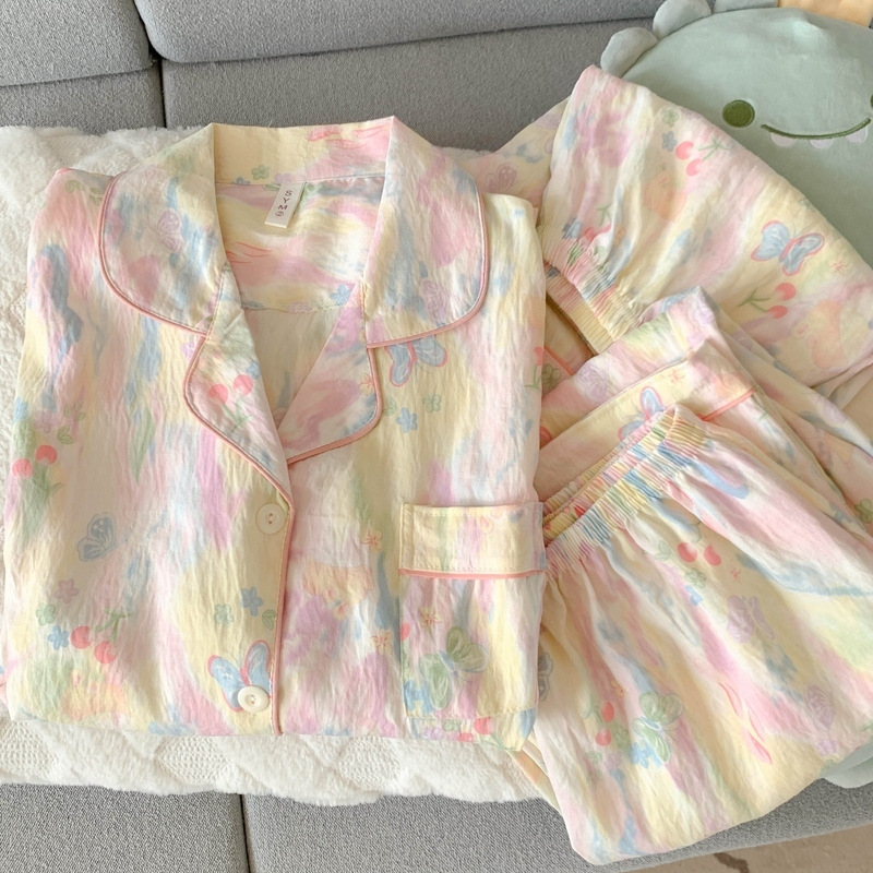 Ins Sweet Tulip Large Size Pajamas Women's Summer Short-Sleeved Cloud Pure Cotton Yarn Colorfulful Smudged Girl Three-Piece Set