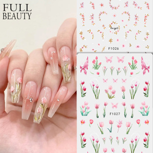 Cross-border new nail stickers ins spring tulip peach blossom butterfly red bean flower adhesive nail stickers
