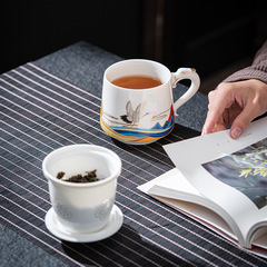 Sheer Jade White Porcelain Tea Separation Three-Piece Office Cup Mugs Personal Cup Large Gift Box Set Gift with Logo