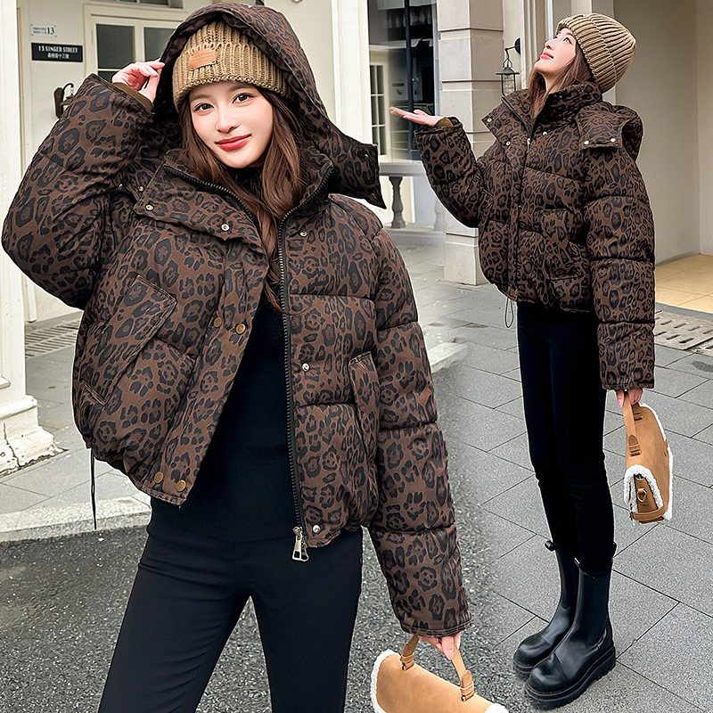 Transfronterizo 2025 otoño y invierno nuevo estilo americano leopardo chaqueta de algodón mujer gruesa chaqueta de cuello corto image 2