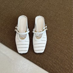 女性用インナー高さサンダル、中空織り靴、2025年夏新作、スクエアトゥ、通気性、ワンラインストラップ、つま先キャップの既製版
