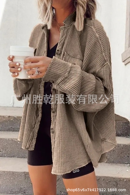 2025欧美跨境外贸秋冬拼接针织开衫外套女时尚休闲小立领口袋华夫|undefined