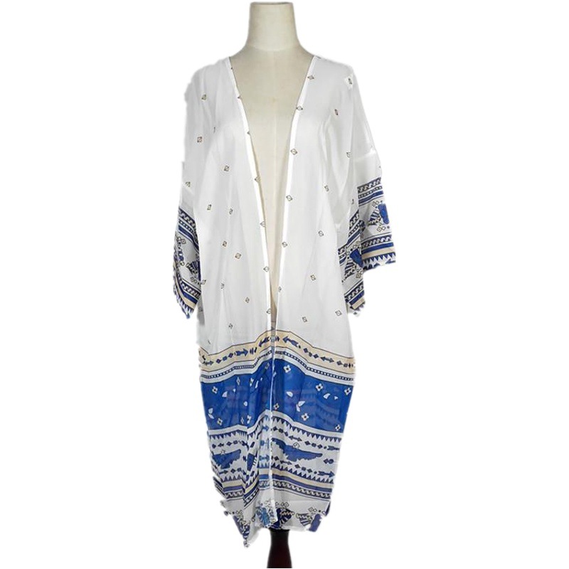 Wholesale Amazon Women's Clothing Positioning Printed Chiffon Beach Sun Protection Cardigan Vacation Shawl Bikini Outer Cover-Up