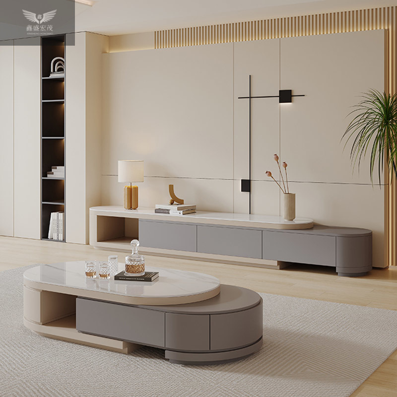 Sala de estar combinada estirada mesa de té oval moderna simple crema viento tabla de roca telescópica mesa de té gabinete de televisión tipo pequeño