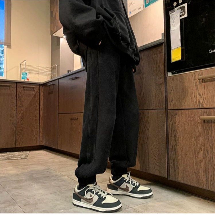American Style Casual Sweat Pants oversize Men's fleece-lined Thick Loose Autumn and Winter Fashionable Solid Color Heavy Sports Pants