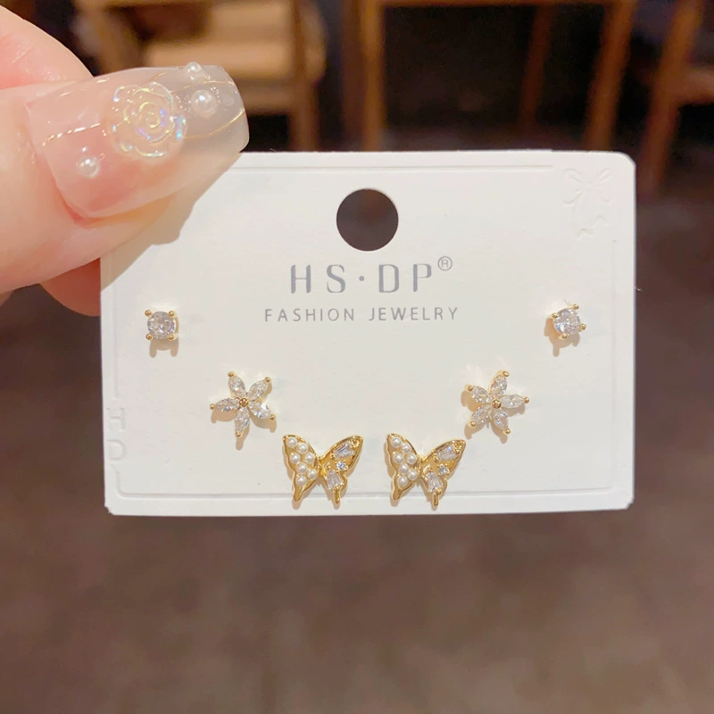 Серебряная игла, короткий цирконий, универсальные серьги, набор, образец серебра 925, микроинкрустация, японская и корейская стили, простой и элегантный дизайн, набор из 3 шт.