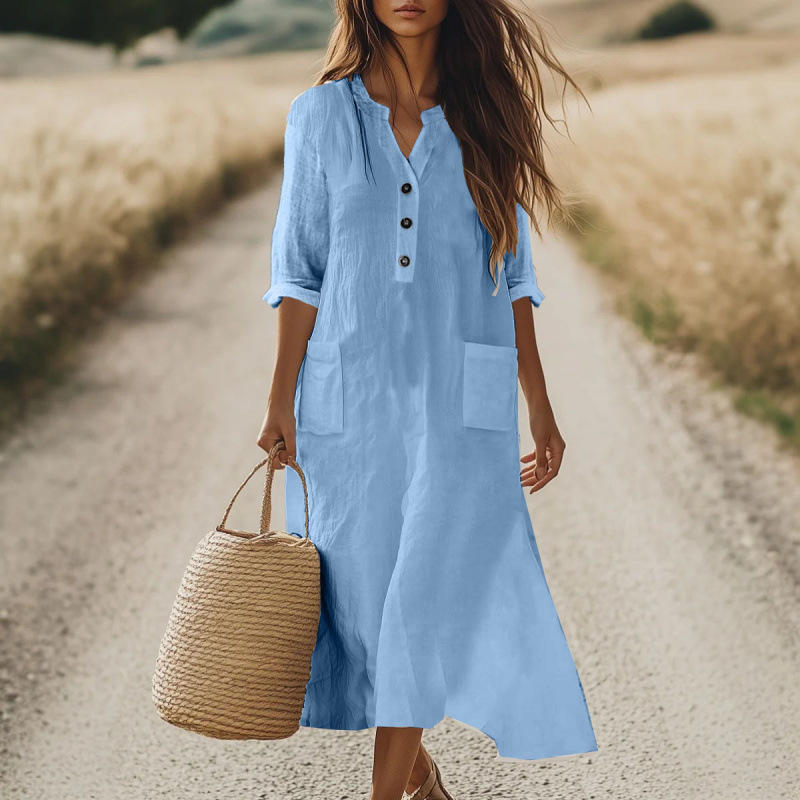2025 Shein Cross-Border Amazon European and American Independent Station Bohemian Vacation Cotton and Linen Pocket Dress New