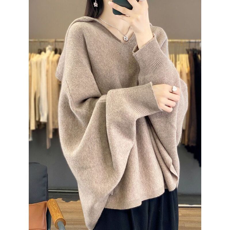 Women's Loose-Fit Wool Knit Hoodie, Casual Slim-Fit Soft Knit Pullover for Autumn and Winter